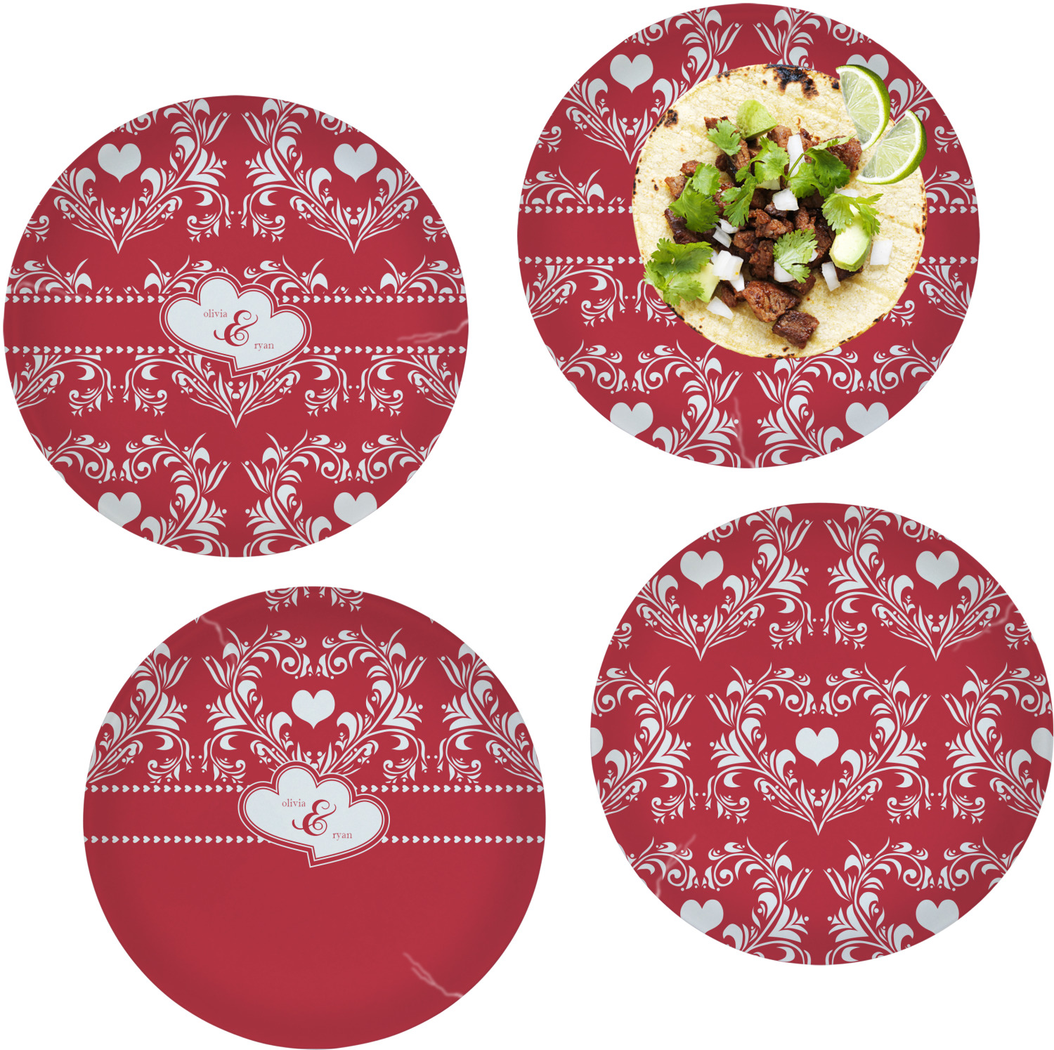 Heart Damask Set of 4 Glass Lunch / Dinner Plate 10" (Personalized