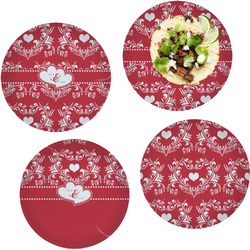 Heart Damask Set of 4 Glass Lunch / Dinner Plate 10" (Personalized)