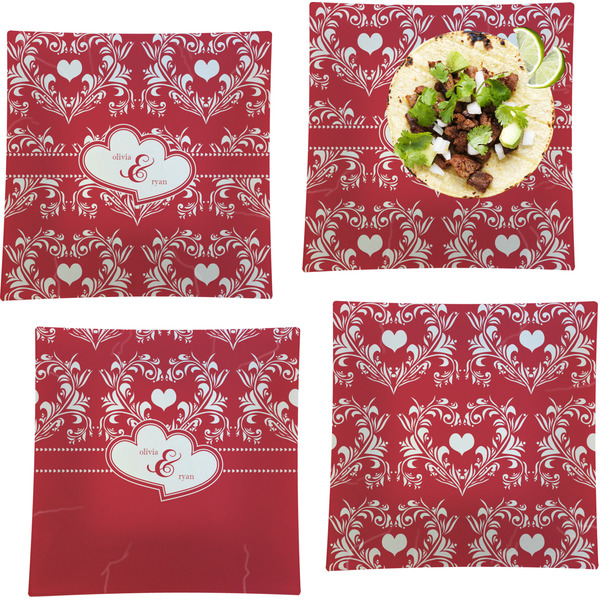 Custom Heart Damask Set of 4 Glass Square Lunch / Dinner Plate 9.5" (Personalized)