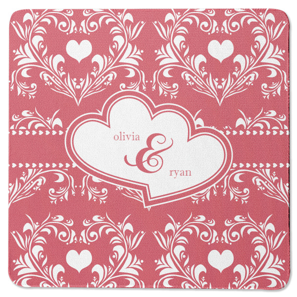 Custom Heart Damask Square Rubber Backed Coaster (Personalized)
