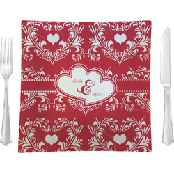 Heart Damask 9.5" Glass Square Lunch / Dinner Plate- Single or Set of 4 (Personalized)