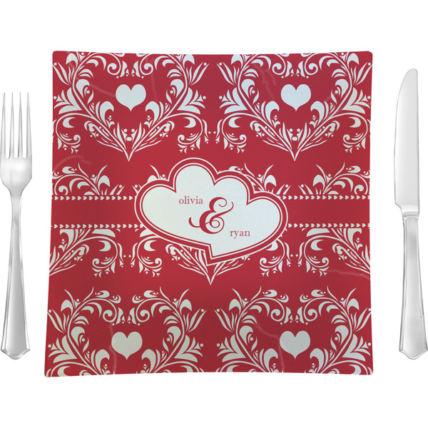 Custom Heart Damask 9.5" Glass Square Lunch / Dinner Plate- Single or Set of 4 (Personalized)