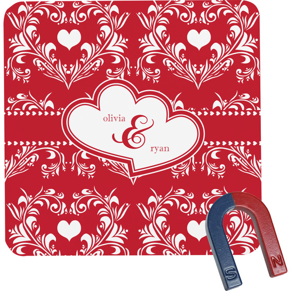 Custom Heart Damask Square Fridge Magnet (Personalized)