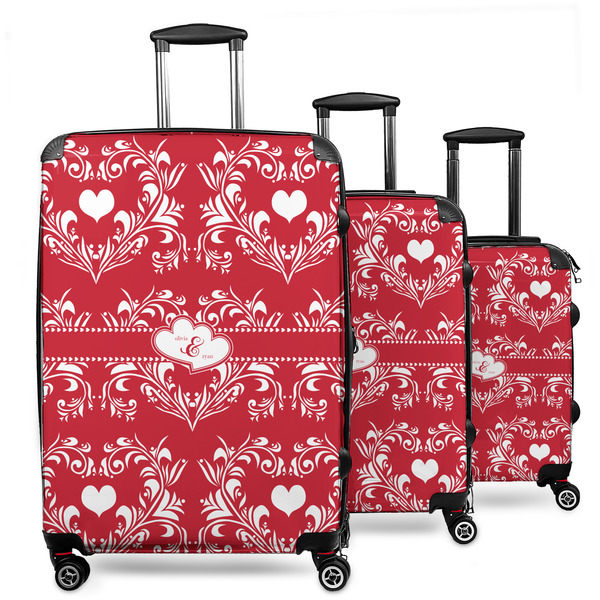 Custom Heart Damask 3 Piece Luggage Set - 20" Carry On, 24" Medium Checked, 28" Large Checked (Personalized)