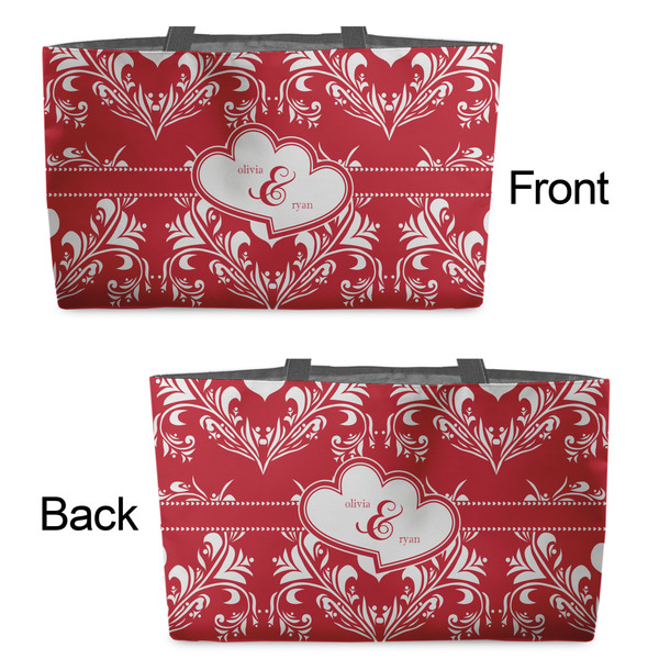 Heart Damask Tote w/Black Handles - Front & Back Views
