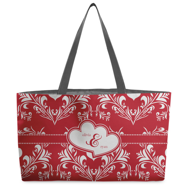 Custom Heart Damask Beach Totes Bag - w/ Black Handles (Personalized)