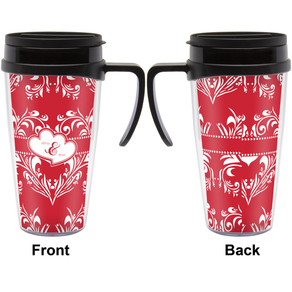 Heart Damask Travel Mug with Black Handle - Approval