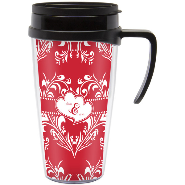 Custom Heart Damask Acrylic Travel Mug with Handle (Personalized)