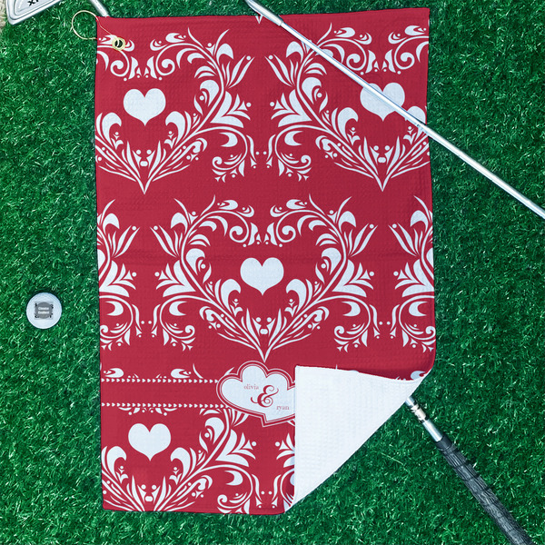 Heart Damask Waffle Weave Golf Towel - In Context