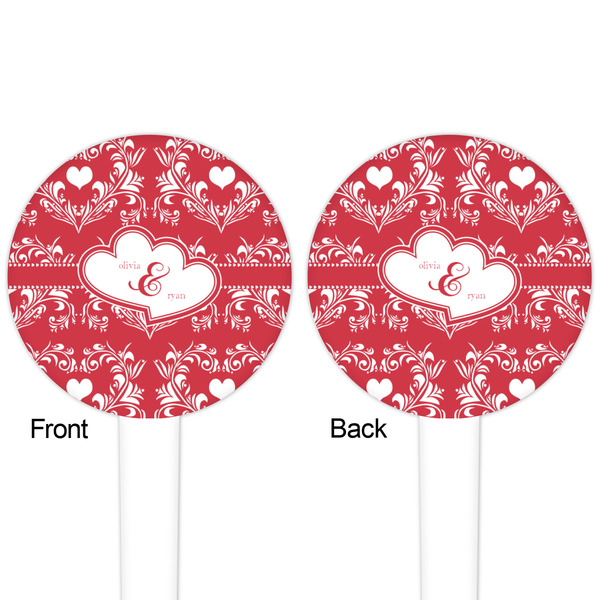 Heart Damask White Plastic 4" Food Pick - Round - Double Sided - Front & Back