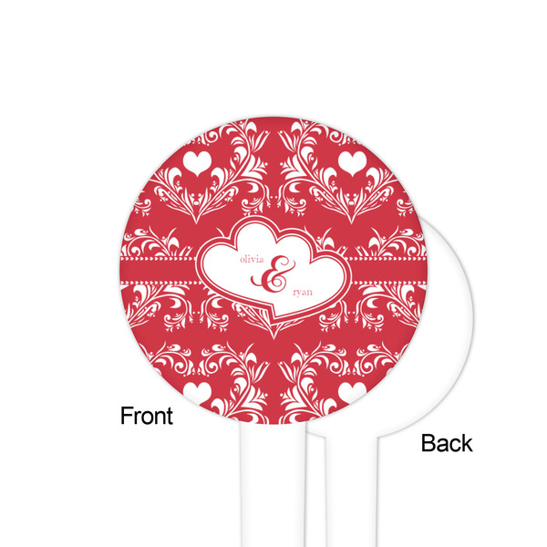 Heart Damask White Plastic 4" Food Pick - Round - Single Sided - Front & Back