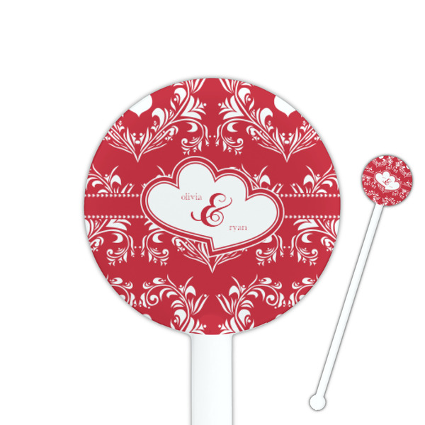 Custom Heart Damask 5.5" Round Plastic Stir Sticks - White - Single Sided (Personalized)