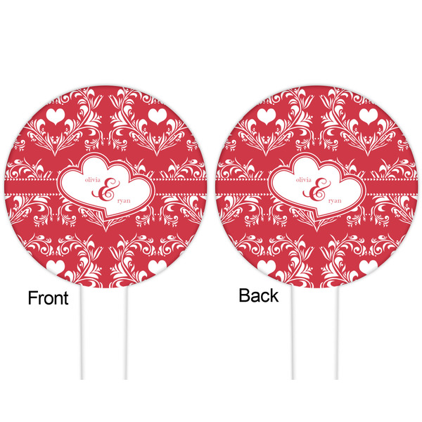 Heart Damask White Plastic 6" Food Pick - Round - Double Sided - Front & Back