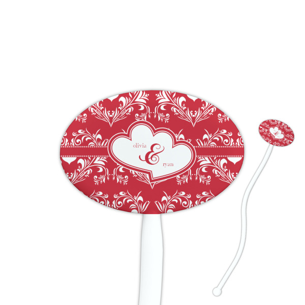 Custom Heart Damask 7" Oval Plastic Stir Sticks - White - Single Sided (Personalized)