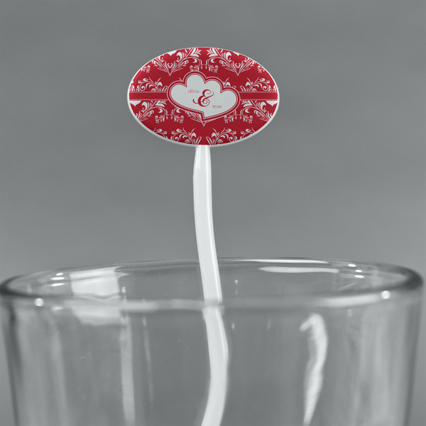 Heart Damask White Plastic 7" Stir Stick - Oval - Main