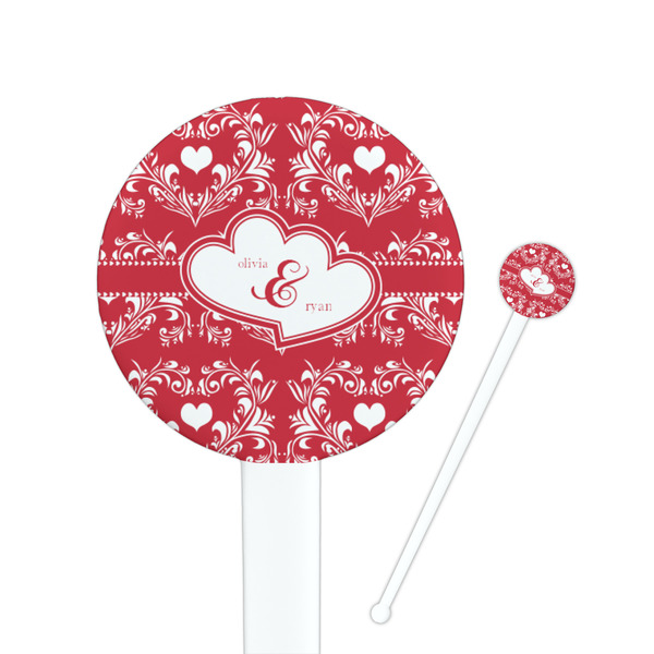 Custom Heart Damask 7" Round Plastic Stir Sticks - White - Single Sided (Personalized)