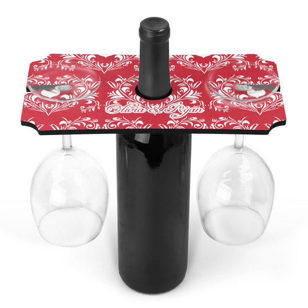 Custom Heart Damask Wine Bottle & Glass Holder (Personalized)