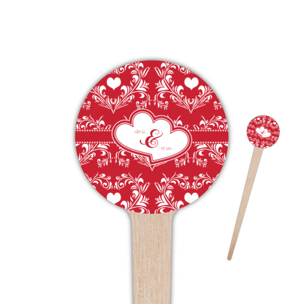 Custom Heart Damask 4" Round Wooden Food Picks - Single Sided (Personalized)