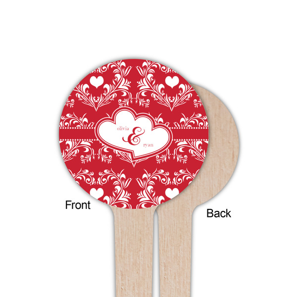 Heart Damask Wooden 4" Food Pick - Round - Single Sided - Front & Back