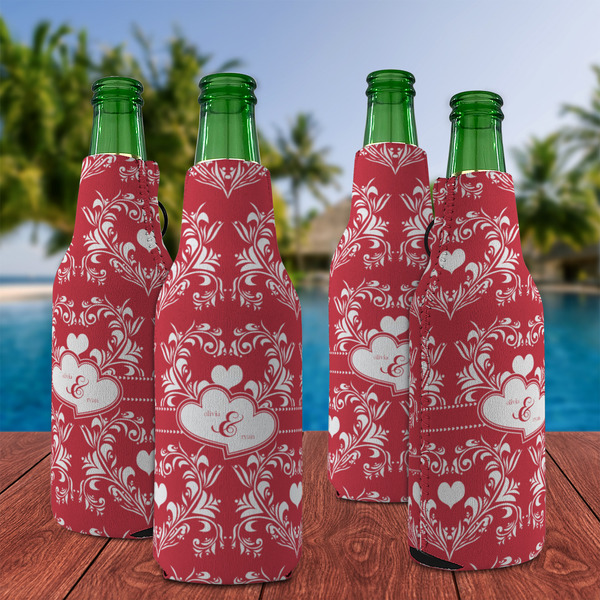 Heart Damask Zipper Bottle Cooler - Set of 4 - LIFESTYLE