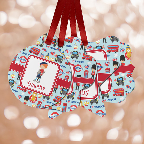 Custom London Metal Ornaments - Double Sided w/ Name or Text