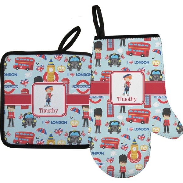 Custom London Oven Mitt & Pot Holder Set w/ Name or Text