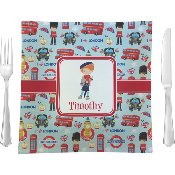 Custom London 9.5" Glass Square Lunch / Dinner Plate- Single or Set of 4 (Personalized)