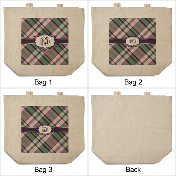 Plaid with Pop 3 Reusable Cotton Grocery Bags - Front & Back View