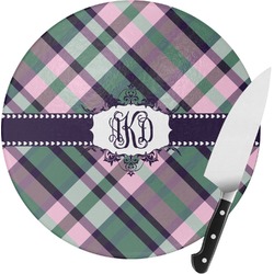 Plaid with Pop Round Glass Cutting Board - Small (Personalized)
