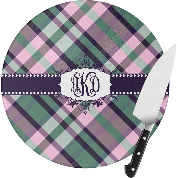 Custom Plaid with Pop Round Glass Cutting Board - Small (Personalized)