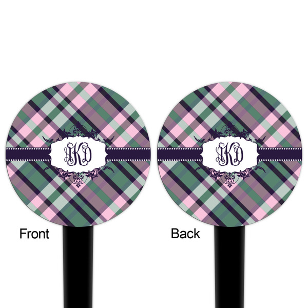 Plaid with Pop Black Plastic 4" Food Pick - Round - Double Sided - Front & Back