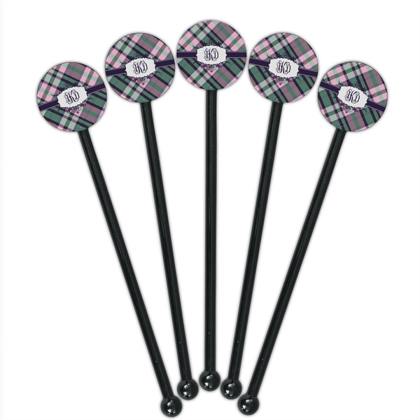 Plaid with Pop Black Plastic 5.5" Stir Stick - Round - Fan View