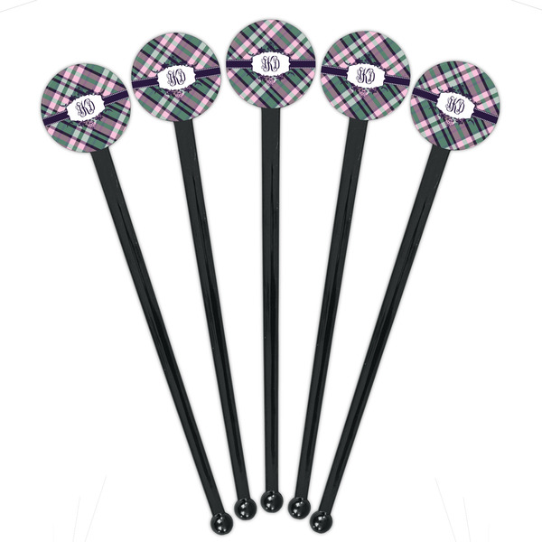 Plaid with Pop Black Plastic 7" Stir Stick - Round - Fan View