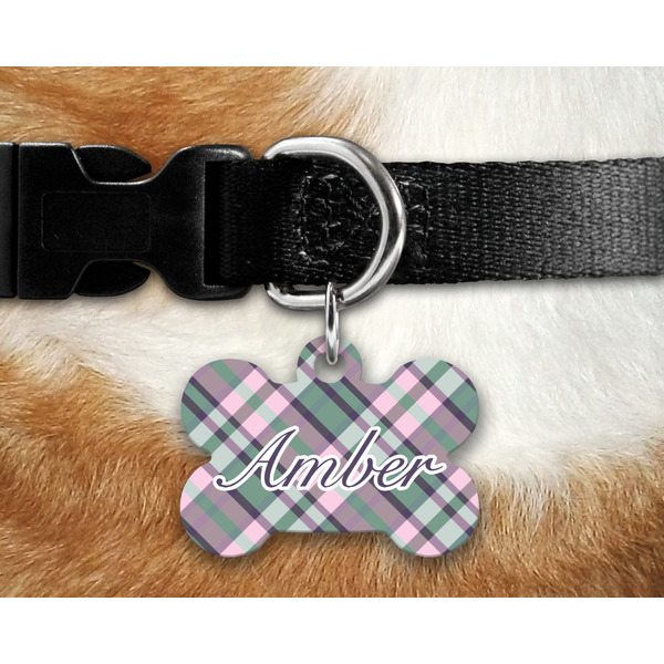 Plaid with Pop Bone Shaped Dog Tag on Collar & Dog