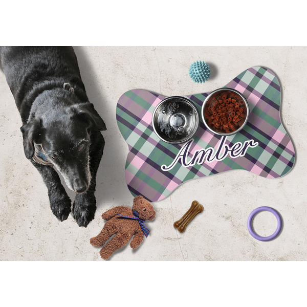 Plaid with Pop Bone Shaped Mat w/ Food & Water
