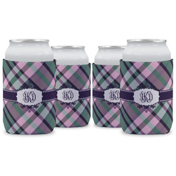 Plaid with Pop Can Cooler (12 oz) - Set of 4 w/ Monogram