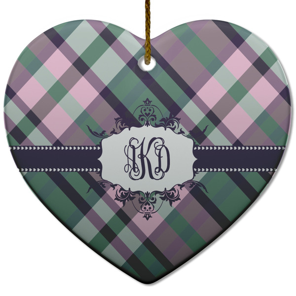 Custom Plaid with Pop Heart Ceramic Ornament w/ Monogram