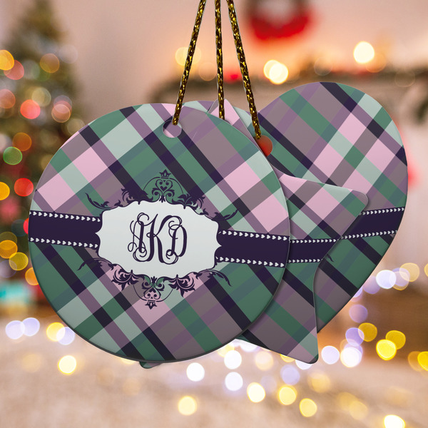 Custom Plaid with Pop Ceramic Ornament w/ Monogram