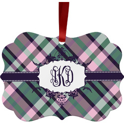 Plaid with Pop Metal Frame Ornament - Double Sided w/ Monogram