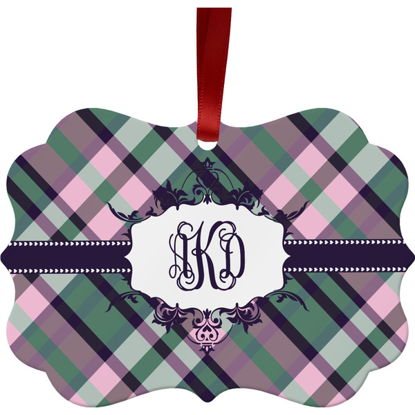 Custom Plaid with Pop Metal Frame Ornament - Double Sided w/ Monogram