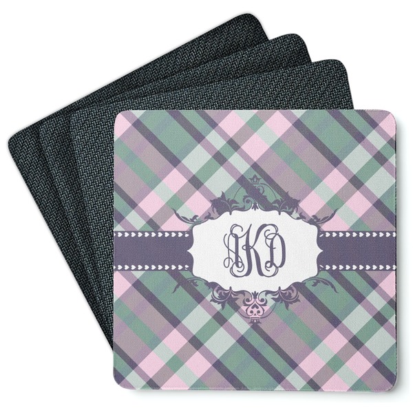 Custom Plaid with Pop Square Rubber Backed Coasters - Set of 4 (Personalized)