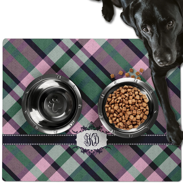 Custom Plaid with Pop Dog Food Mat - Large w/ Monogram