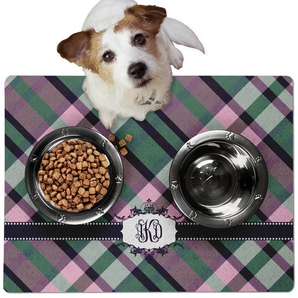 Custom Plaid with Pop Dog Food Mat - Medium w/ Monogram