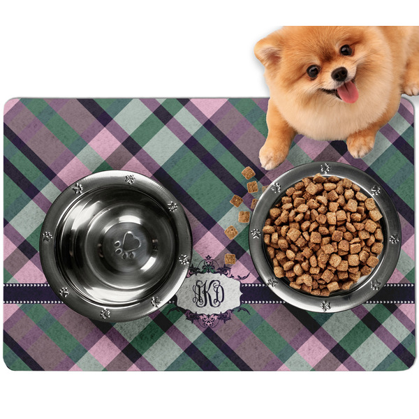 Custom Plaid with Pop Dog Food Mat - Small w/ Monogram