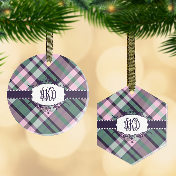 Custom Plaid with Pop Flat Glass Ornament w/ Monogram