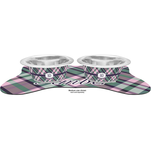 Plaid with Pop Metal Pet Bowls - On Dog Bone Shaped Mat