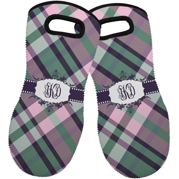 Custom Plaid with Pop Neoprene Oven Mitts - Set of 2 w/ Monogram