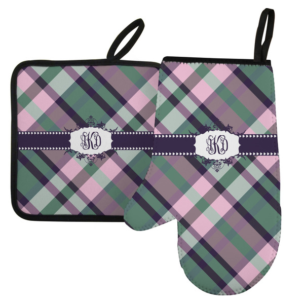 Custom Plaid with Pop Left Oven Mitt & Pot Holder Set w/ Monogram