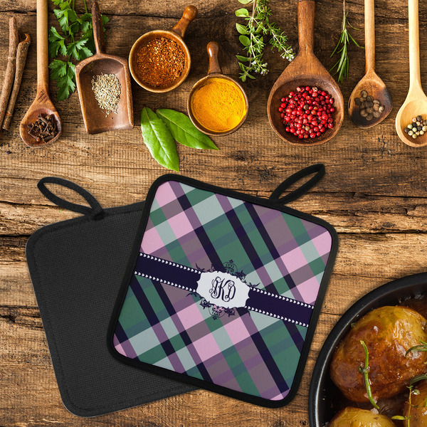 Plaid with Pop Neoprene Pot Holder - Set of 2  LIFESTYLE (Flatlay)