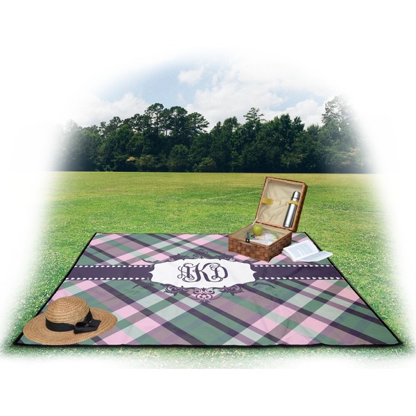 Plaid with Pop Picnic Blanket - with Basket Hat and Book - in Use